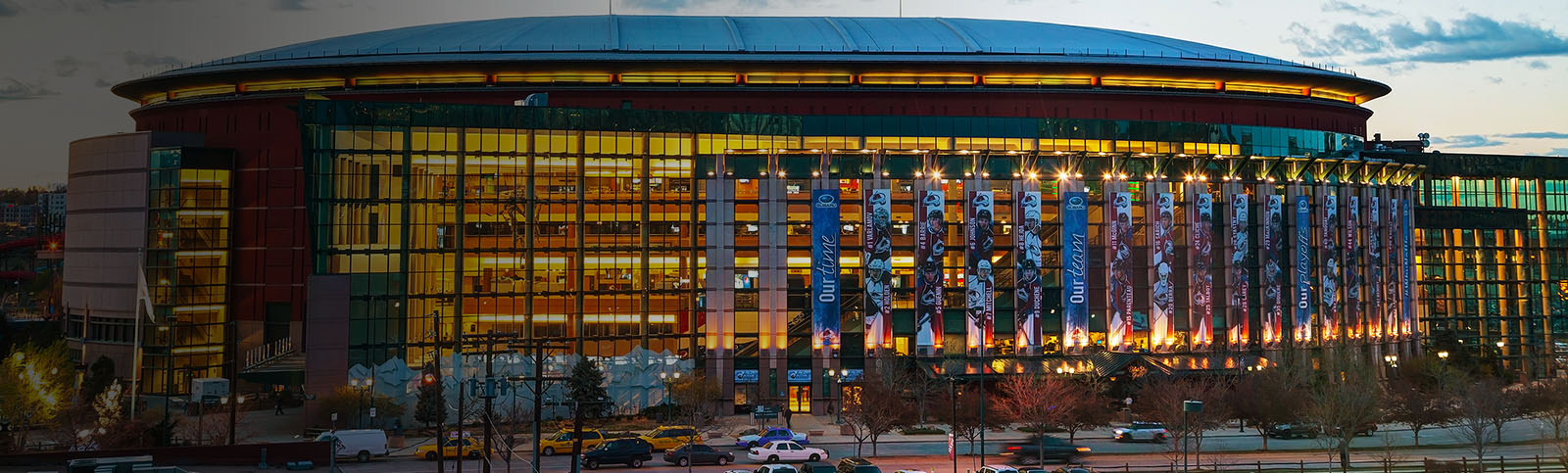 The Ball Arena in Denver, Colorado during sunset 